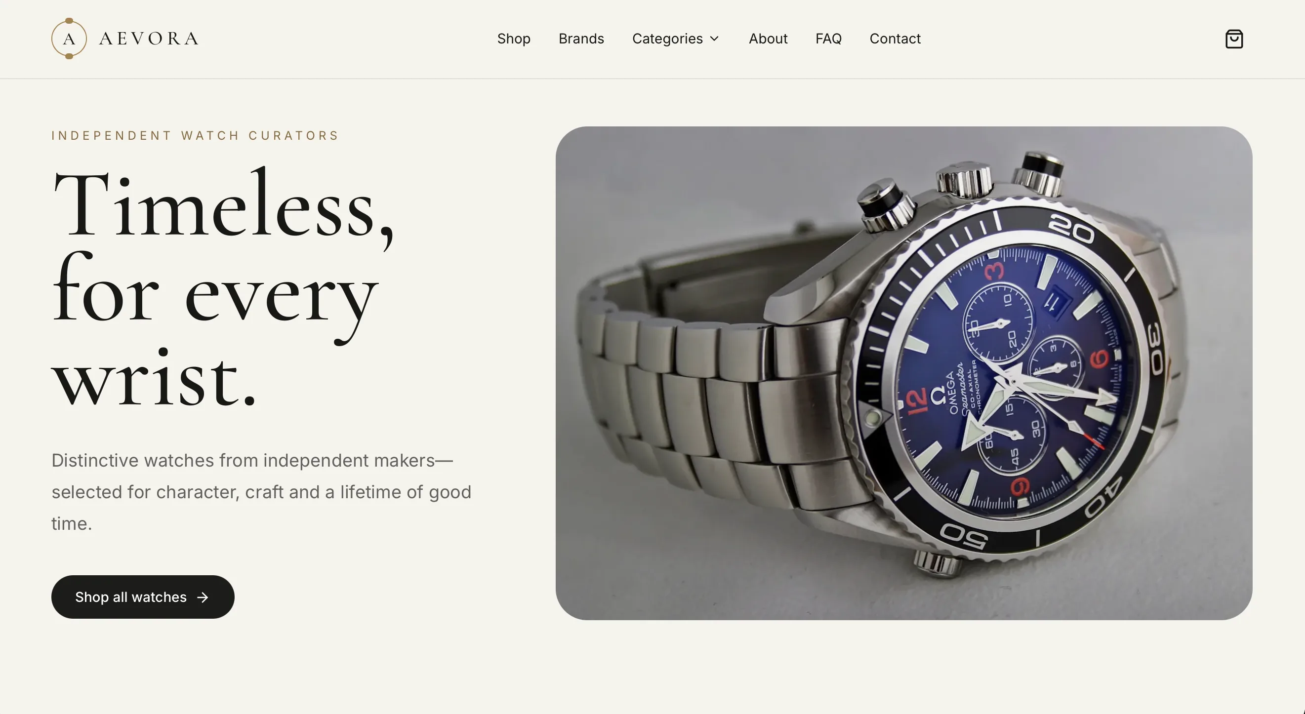 Aevora watch retailer website featuring a refined mechanical watch in a dark studio setting