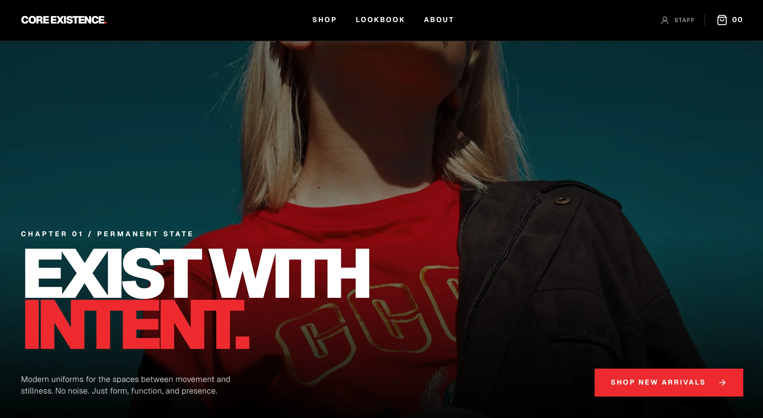 Core Existence streetwear website featuring a bold campaign image and minimalist product grid
