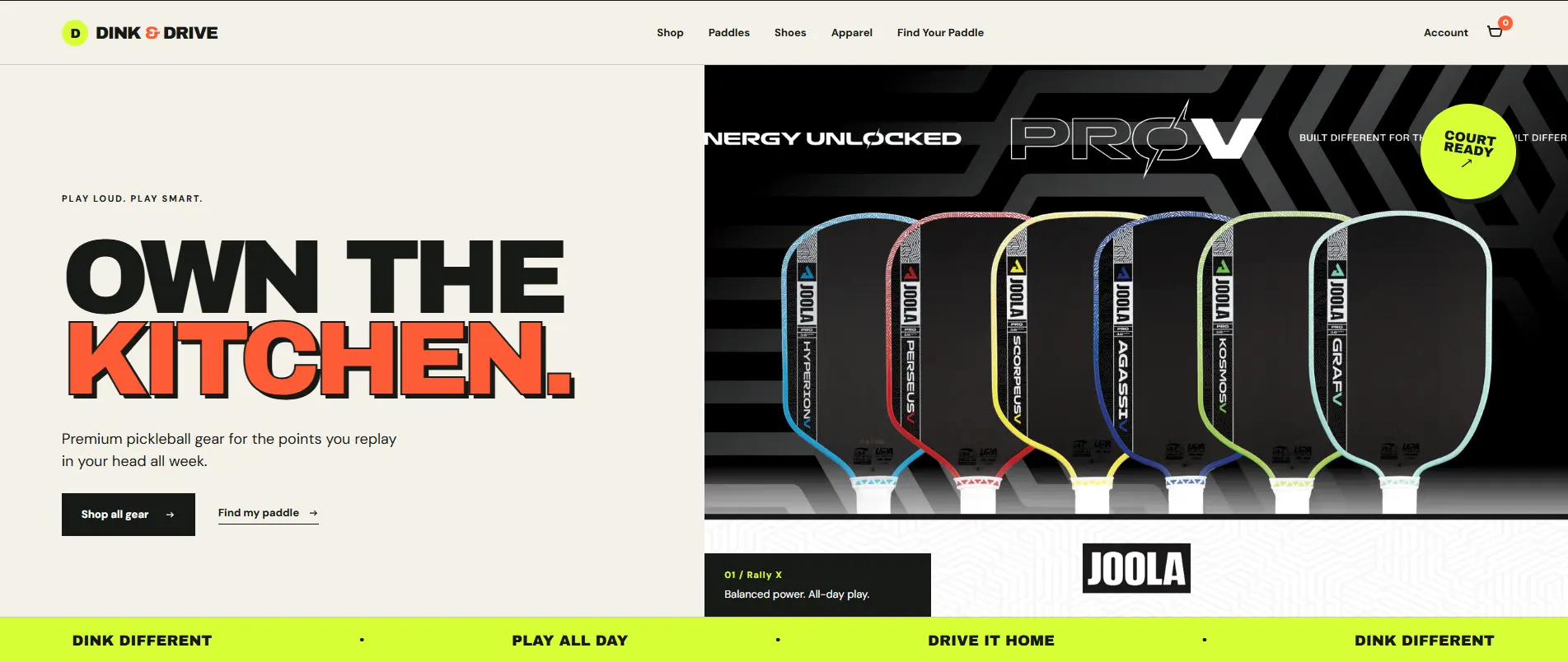 Dink & Drive pickleball website featuring a bold hero banner and product grid of paddles