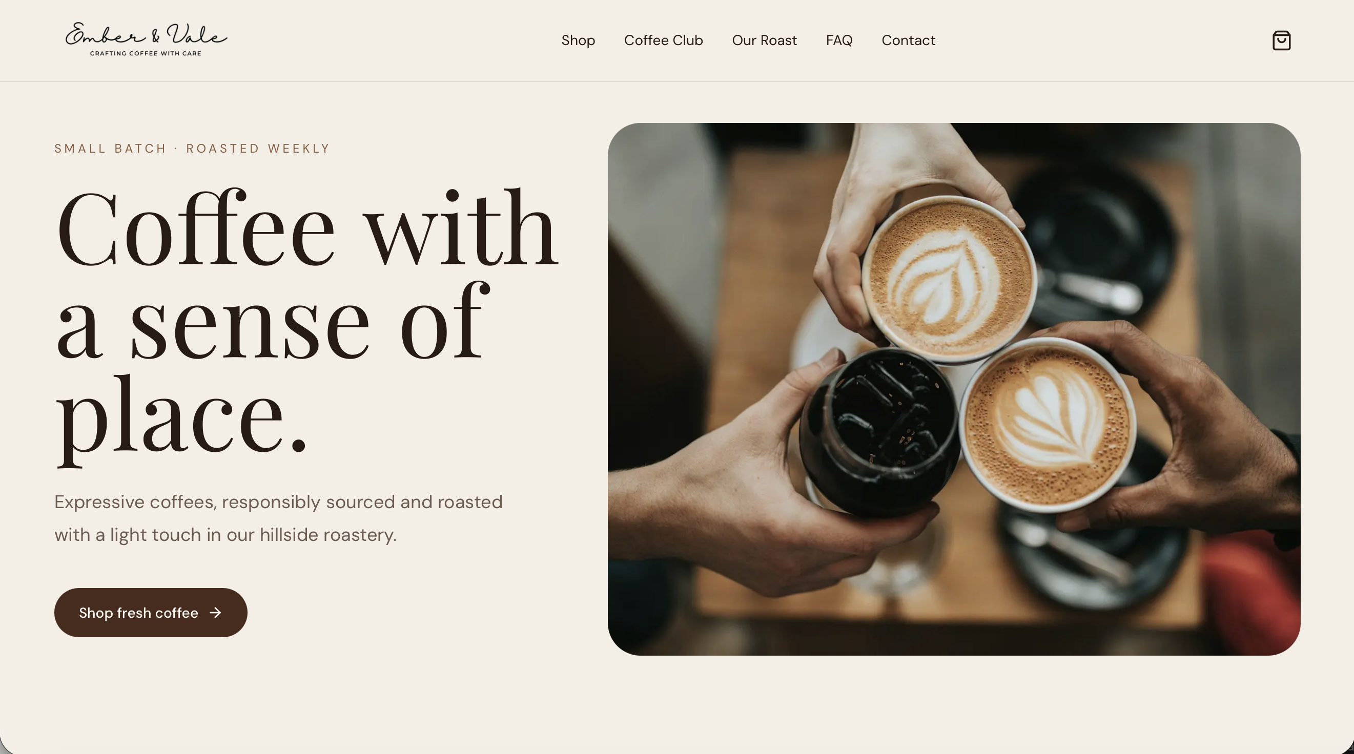 Ember & Vale specialty coffee website featuring freshly brewed coffee beside roasted beans