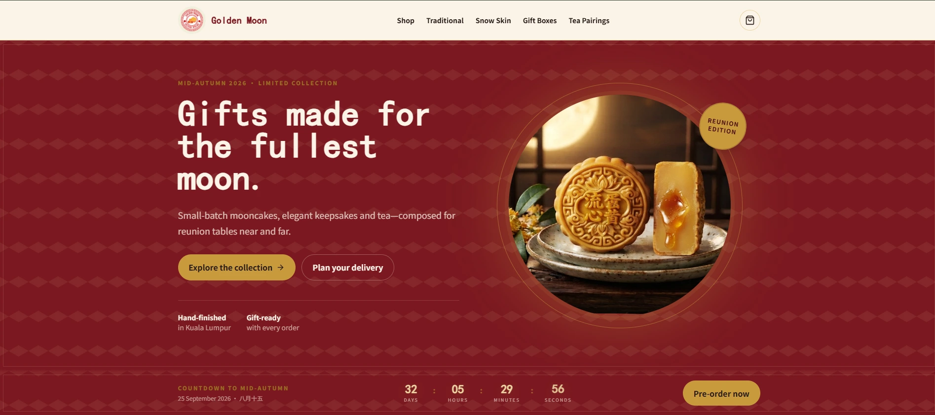 Golden Moon mooncake website featuring a red and gold hero banner with a Mid-Autumn Festival countdown