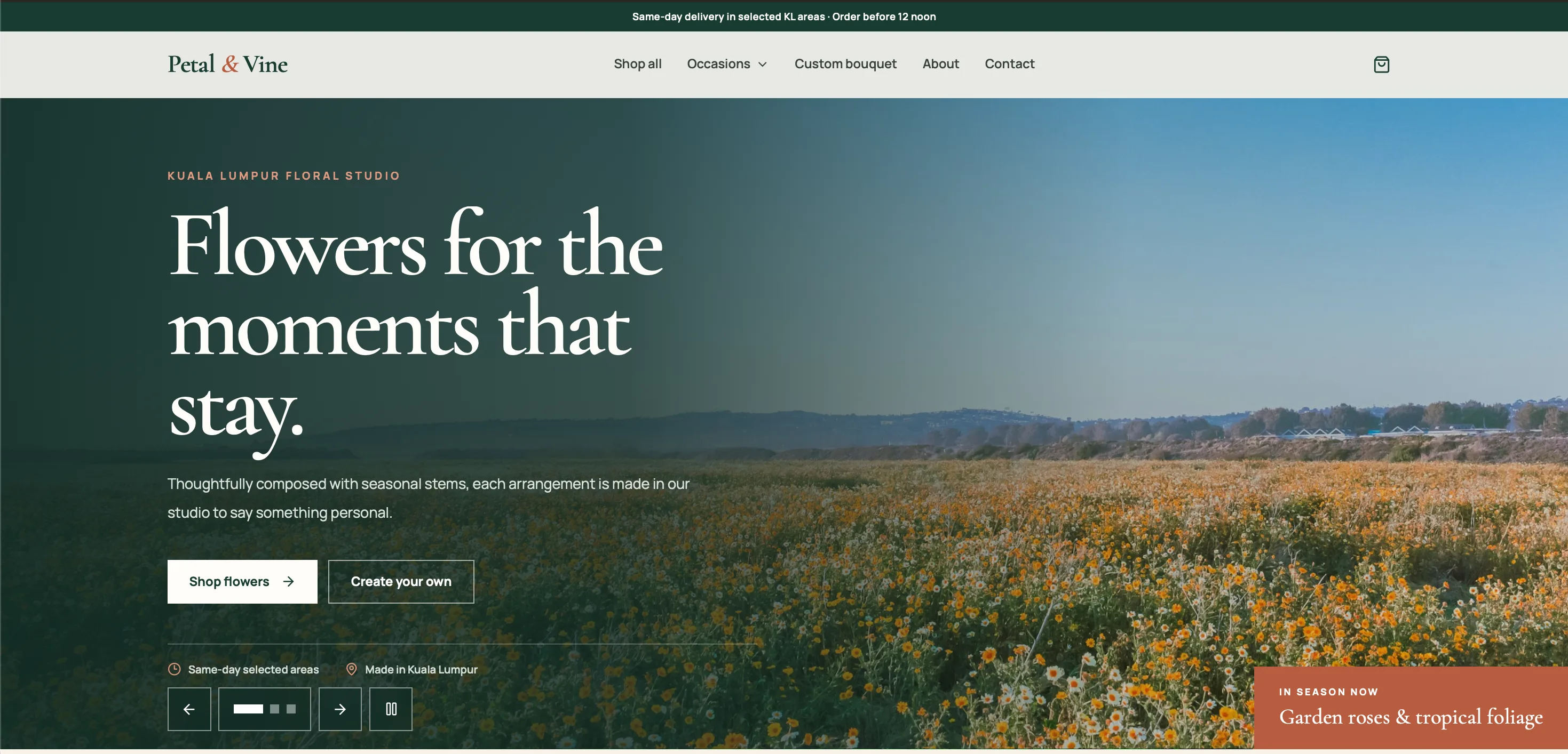 Pratonton projek laman web bunga Petal & Vine.